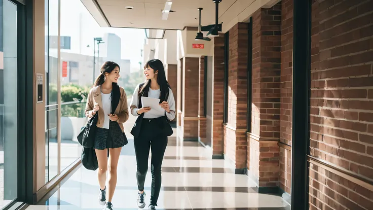 2 female college students walking in the lobby of a music college while chatting