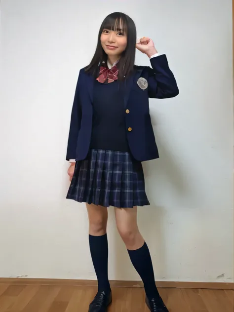  super detailed , top quality,One high school girl,Standing in a room with white walls, looking at me slightly sideways , wearing a blazer uniform,Im wearing a plaid pleated miniskirt, in front of my phone, posing for a photo 