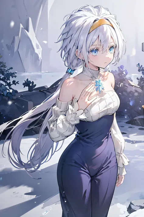 Young woman, long flowing white hair, blue eyed tinged with a shade of lavender, delicate skin, perfectly shaped hands, detailed hands covered in an icy aura. life-like portrayal, cold glinted eyes, masterfully crafted features, black cloak, black and cold...