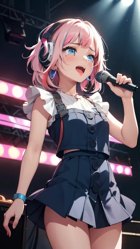 Kawaii pop idol singer performs on stage and sings into the microphone, around the flash of neon lights, color music, streaked hair, white hair, pink hair, quad drills, hair ornament, crazy eyes, crying with eyes open, happy tears, eyebrows behind hair, lo...