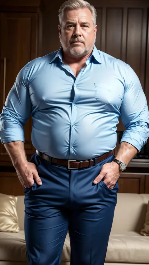 (best quality,4k,8k,highres,masterpiece:1.2), age 60, white man detective , horny disgusting, muscular chubby, kind, open blue shirt , mature daddy, Dress Pants with big hard bulge, hairy chest hard nipple, belt, loafer,