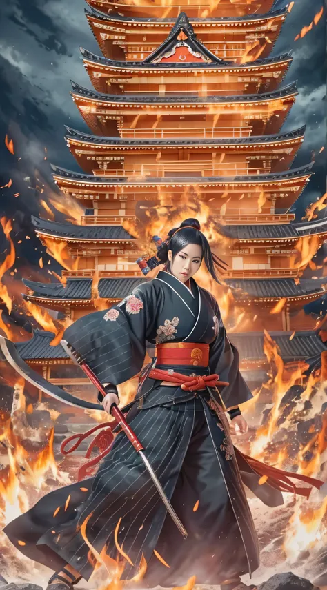  in high-definition images, A turbulent battlefield in the Sengoku period 、 Details of rich battle patterns , masterpiece, 8k,  Noichi at the mercy of Genki Nobunaga in the Sengoku period 、 A beautiful Kunoichi wearing a black costume is standing in front ...