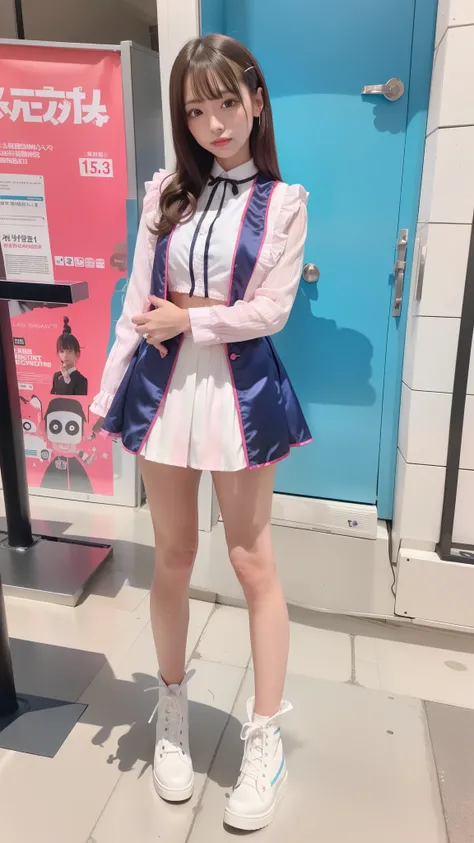  wear a costume like an idol , Blue and white short sleeve jacket ,  pink satin ruffle blouse ,  white and pink striped pleated skirt,  white lace up boots 