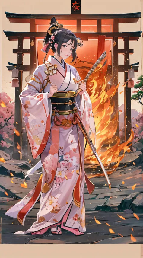  in high-definition images,high frequency: 1.8, Rich details, masterpiece, 8k,  Shrine maidens at the mercy of Genki no Nobunaga in the Sengoku period 、 A beautiful shrine maiden wearing a pink costume stands in front of the flames, Dancing, Ishiyama Honga...