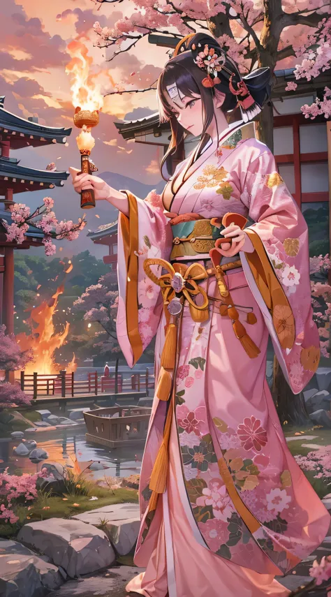  in high-definition images,high frequency: 1.8, Rich details, masterpiece, 8k,  Shrine maidens at the mercy of Genki no Nobunaga in the Sengoku period 、 A beautiful shrine maiden wearing a pink costume stands in front of the flames, Dancing, Ishiyama Honga...