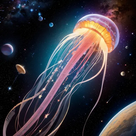 Jellyfish, galaxy,  high resolution,masterpiece, Accuracy,  realistic anatomy ,  top quality, high definition ,
Outer space with stars and planets, Vibrant colors and space textures, --auto
