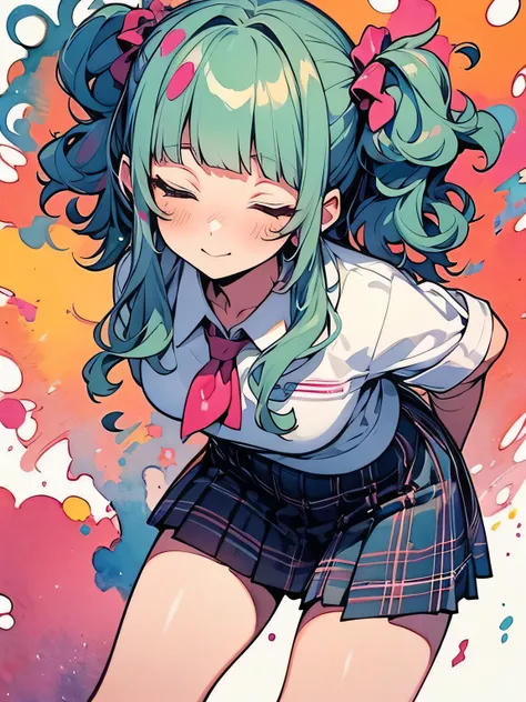 front view,solo, (leaning forward:1.3),upperbody,arms behind back, POV, (close up face:1.1), (half closed eyes+,face waiting for kiss,incoming kiss+), palegreen curly hair, (blunt bangs), palepink eyes, cute British high school plaid uniform, miniskirt, wh...