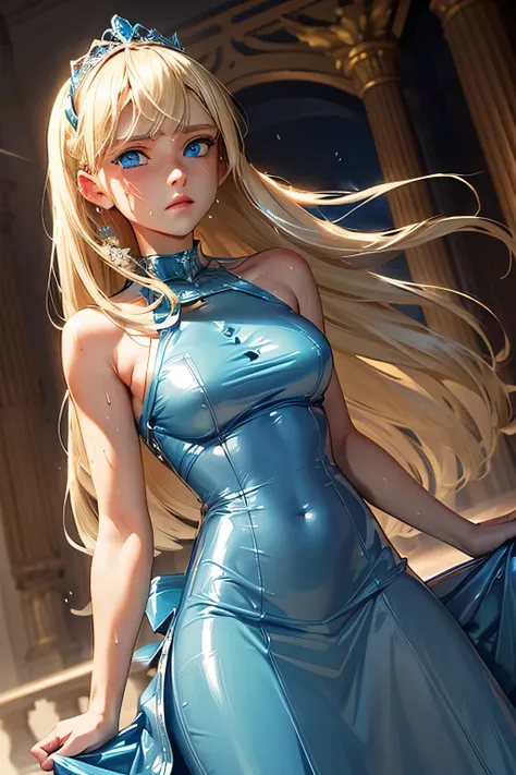  Perfect Anatomy　 top quality,  highest resolution,(((light blue latex dress　 Long Skirt　 blondes　  blue eyes　sweat)))　Princess　 tiara 　Castle　 girl