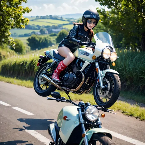 (A young female rider speeds along on a motorcycle)、Vintage Bikes、Bluff Superior SS100、Isle of Man Races、Leather jumper、Cromwell helmet with goggles、After the Rain、English countryside、(Highest quality, masterpiece, High resolution)、8k、wallpaper,masterpiece...