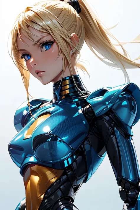  Perfect Anatomy　 top quality, highest resolution,((( robot 　glossy plastic body　 shiny skin　Shiny Blonde　 blue eyes　 ponytail)))　 No Emotion