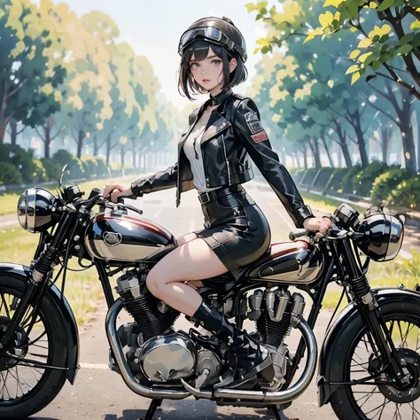 (Riding on motorcycle:1.2)、(Vintage Bikes、Bluff Superior SS100)、 Beautiful young woman、1 person、Beautiful Face, Beautiful and delicate eyes, Black Hair, Short Bob Hair、Classic Leather Jacket、Cromwell helmet with goggles、After the Rain、Isle of Man Races、Eng...