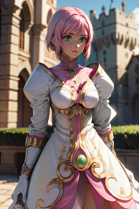  Perfect Anatomy　 top quality, highest resolution,(((White shiny dress　 green eyes　 pink hair　small breasts)))　Estellise　[blurry]　16k　Castle