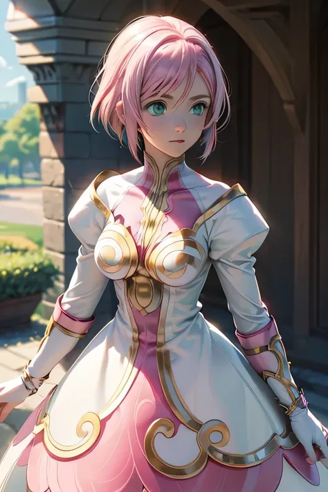  Perfect Anatomy　 top quality, highest resolution,(((White shiny dress　 green eyes　 pink hair　small breasts)))　Estellise　[blurry]　16k　Castle