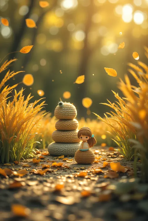 1.Miniature scene of rice harvesting,A grain pile filled with golden grains and a little man carrying water,Microscopic photography with a macro lens under natural light,Warm tones,Rich in details,Rich colors。Hard-working farmers surrounded by piles of gol...