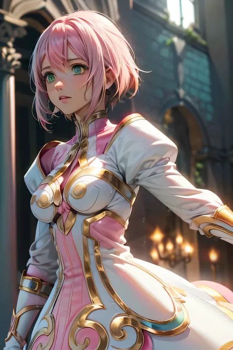  Perfect Anatomy　 top quality, highest resolution,(((white dress with metallic luster　 green eyes　 pink hair　small breasts)))　Estellise　[blurry]　16k　Castle