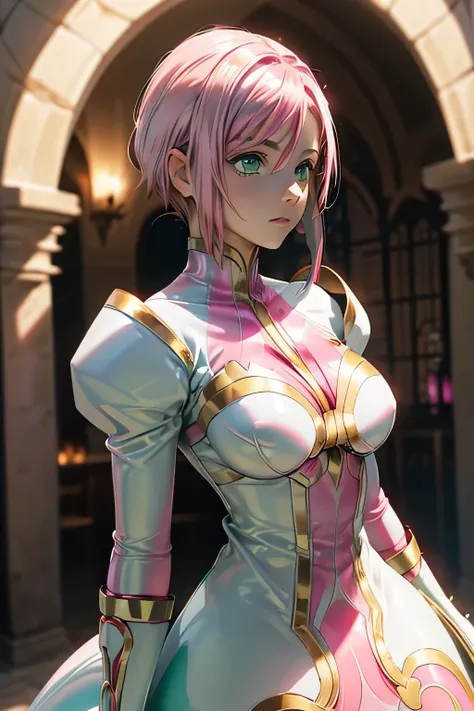  Perfect Anatomy　 top quality, highest resolution,(((metallic shiny latex white dress　 green eyes　 pink hair　small breasts)))　Estellise　[blurry]　16k　Castle