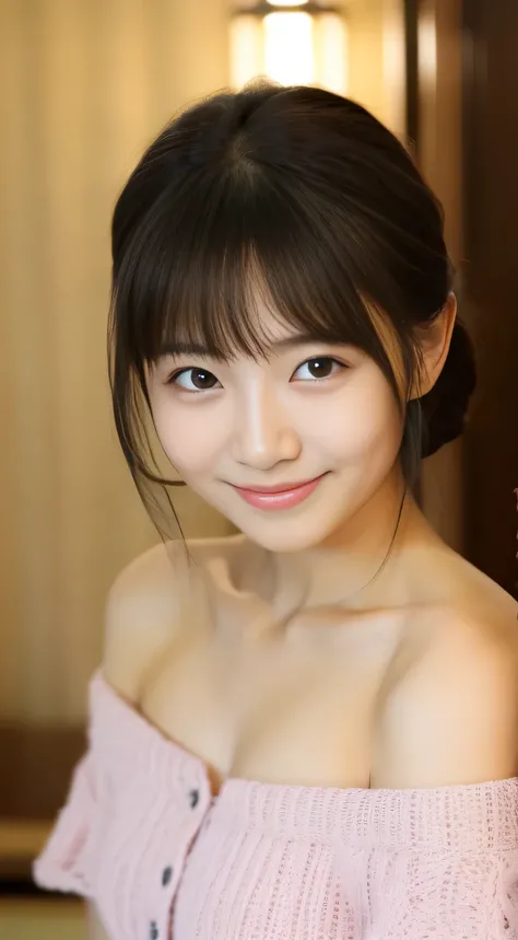 masterpiece,best quality,(Japanese girl),((Beautiful girl)),cleavage,(off shoulder:1.2),(perfect body beauty:1.2),(shy smile),From slightly above