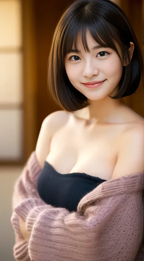 masterpiece,best quality,(Japanese girl),((Beautiful girl)),cleavage,(off shoulder:1.2),(perfect body beauty:1.2),(shy smile),From slightly above