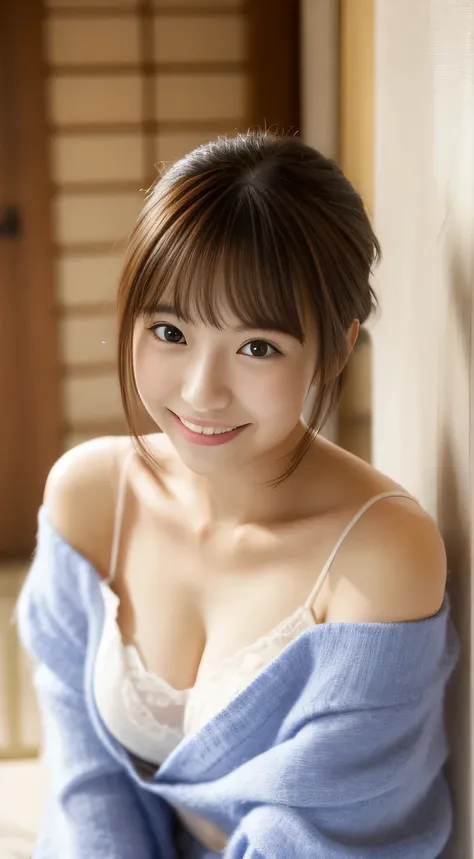 masterpiece,best quality,(Japanese girl),((Beautiful girl)),cleavage,(off shoulder:1.2),(perfect body beauty:1.2),(shy smile),From slightly above