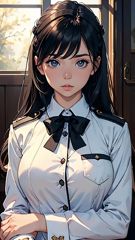  top quality, masterpiece,  super high resolution , (Realism: 1.4), Original photo,  1 girl ,  mature, JK uniform in white ,  movie lighting