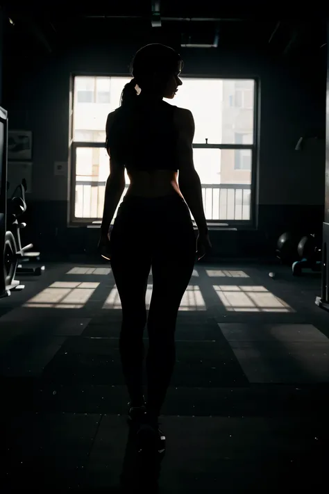 "A cinematic, ultra-realistic scene of a fitness woman entering a dark, moody gym. Her face is not visible, only her shadow is shown as she walks slowly across the gym floor. The gym is dimly lit, with dramatic lighting casting long shadows and highlightin...