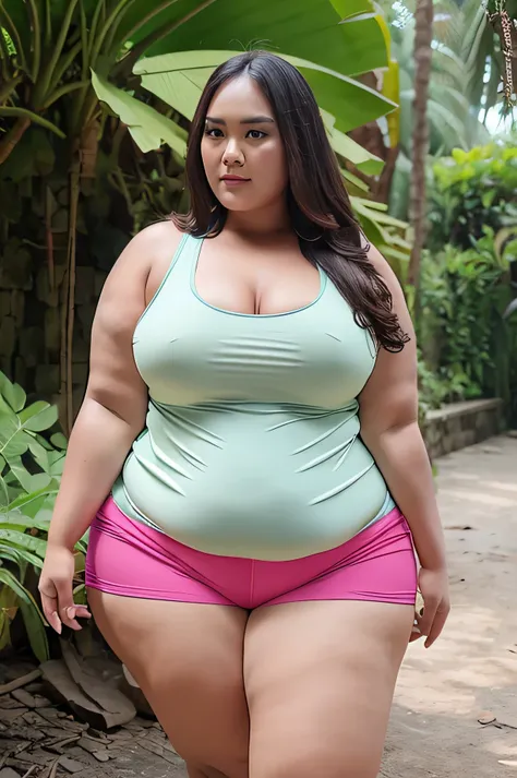 bbw indonesia 45 years,big body 200kg shorts,tank top, on the plantation