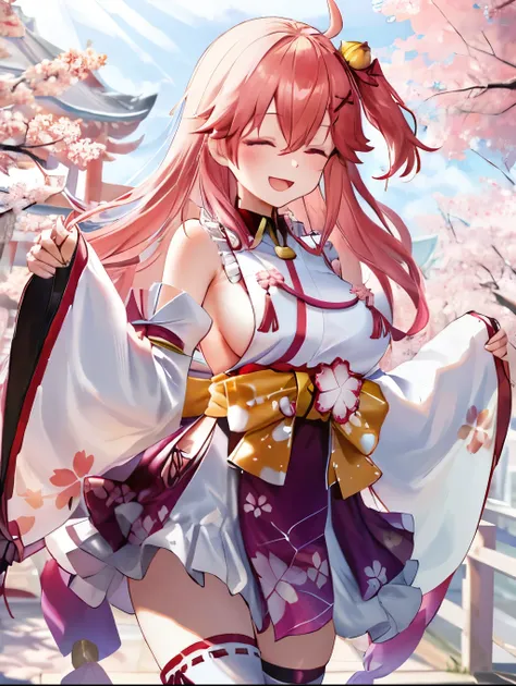 masterpiece, best quality, highres, miko1, sakura_miko, 1girl, big_boobs, solo, ahoge, x_hair_ornament, light_red_hair, floral print, hairclip,(side_less_clothes:1.5), (side_boobs:1.5), hair_bell, floral print, long_hair, hair between eyes, one side up, wh...