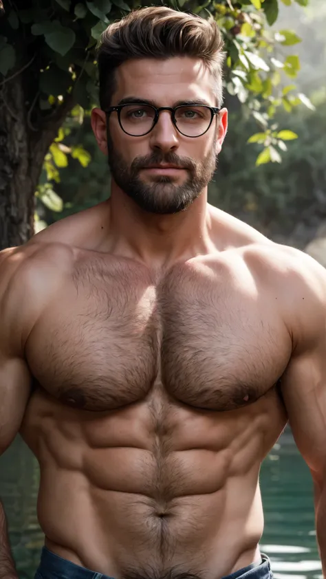  dark brown eyes , Beard like glasses, broad-shouldered, not very muscular , elegant, 30 YEARS,  outside Hot Spring Hall Garden Landscape ! Stone lamp ! beautiful atmosphere! Water and fog! Best Quality ,  Masterpiece,  ultra high resolution , detailed bac...