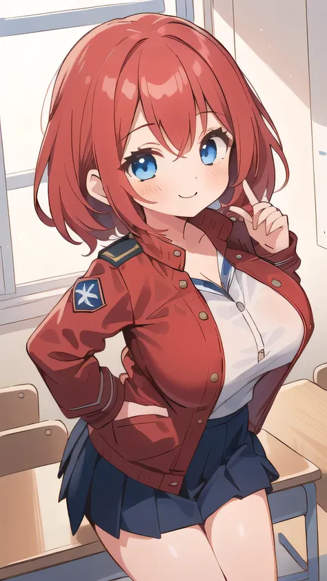 (1girl:1.7), (little female :1.6), ((loli:1.4)) ， ,(very short height:1.5), (red hair:1.3), blue eyes, droopy eyes, (red jacket:1.3), long sleeves, (navy skirt:1.2), (super big breasts:1.5), (medium hair: 1), baggy clothes,young face, short height, , shy A...