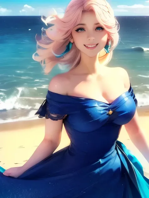 delicate and beautiful CG artwork),(best quality, ultra-detailed, high resolution),(dynamic angle, dynamic lighting),(1 character),(long pink and blonde hair), blue eyes, beautiful face), 1 girl, (long sideburns, plants, smile, long blue dress, 3 d, ocean,...