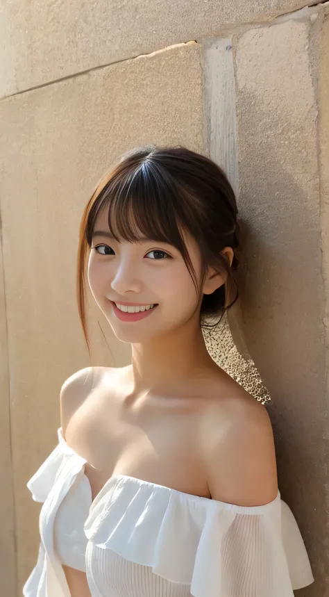 masterpiece,best quality,(Japanese girl),((Beautiful girl)),cleavage,(off shoulder:1.2),(perfect body beauty:1.2),(shy smile),From slightly above