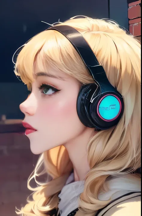 (masterpiece), (best quality, highres, highly-detailed, illustration), 1girl, solo, city, contemporary, profile picture closeup, blonde beige long hair, green eyes, beautiful detailed eyes, squatting, headphones, 8k, trending on ArtStation, featured on Pix...