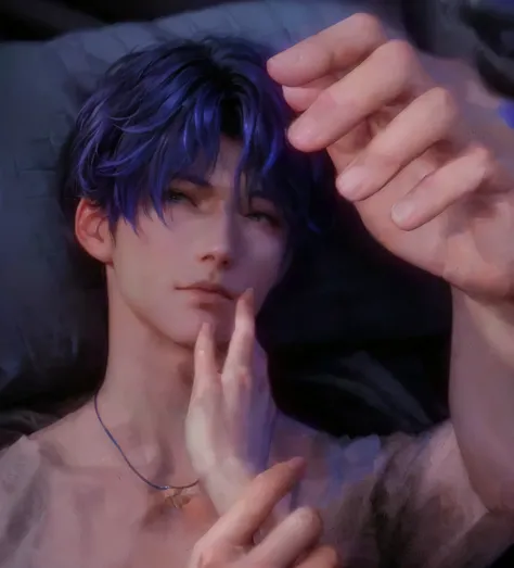 There is a man with blue hair lying in bed， hands on face ,  handsome anime pose ,  8K Artgerm Bokeh , artwork in the style of Gu Weiss, Cai Xukun,  Use your index finger , Gu Weiss, Gu Weiss masterpiece, Semi-realistic, Semi-realistic, 3D anime realism,  ...