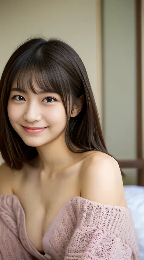 masterpiece,best quality,(Japanese girl),((Beautiful girl)),cleavage,(off shoulder:1.2),(perfect body beauty:1.2),(shy smile),From slightly above