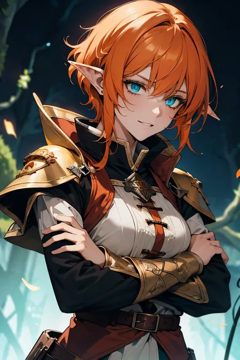 (8k, HD, best quality, intricate details, dark colors, masterpiece: 1.2) smug mature elvish woman with fire orange hair, turned away, staring at viewer, elf ears, disheveled, sweating, grinning BREAK ((medieval ranger outfit)), crossed arms, standing BREAK...