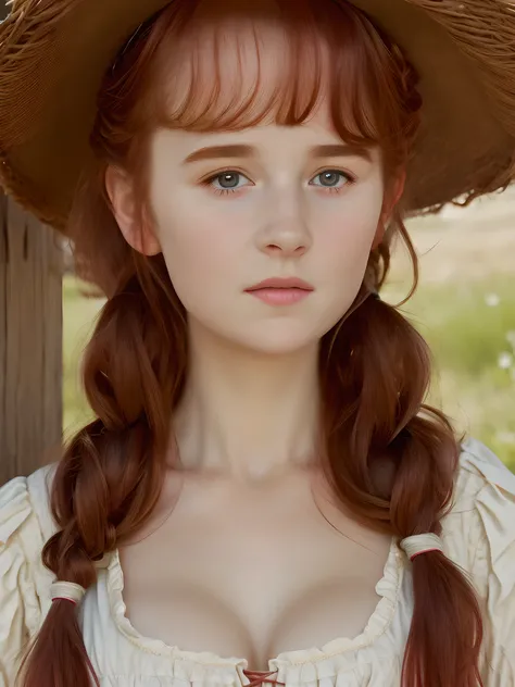 (best quality,4k,8k,highres,masterpiece:1.2),ultra-detailed,(realistic,photorealistic,photo-realistic:1.37), ((peasant woman wearing unbuttoned dress, solo, shy, pale skin)), ((very large bust size for her young age)), braided red hair