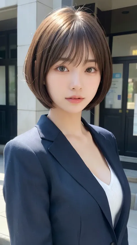 (Bob Cut Hair:1.2),(Wear a blazer, Wearing school uniform:1.2),1 girl,Japanese,21 years old,(Small breasts:1.3),(highest quality,masterpiece:1.3,超A high resolution,),(Ultra-detailed,Caustics),(Photorealistic:1.4,RAW shooting,)Ultra-Realistic Capture,Very d...