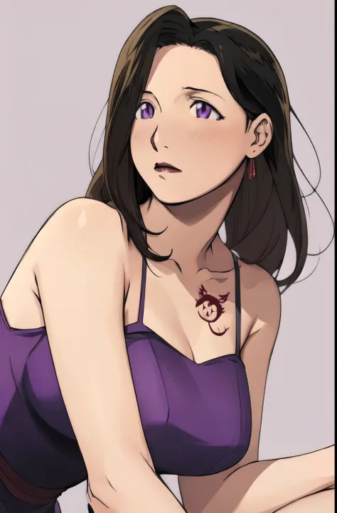 Fmasloth,  Purple  _  dress, sleeveless  dress, Bare shoulders, Bareneck,  stretch to the upper arms  ,  dark brown hair with open eyes ,  long hair,  Purple  eyes, masterpiece,  top quality,  absurd, Sweet expression、 blushing expression、 Fullmetal Alchem...