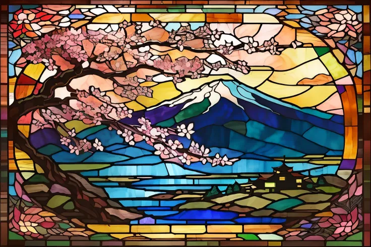 a stained glass window with a mountain and cherry blossoms, stained glass art, inspired by Louis Comfort Tiffany, inspired by Miyagawa Isshō, inspired by Tōshi Yoshida, stained glass style, inspired by Kanō Tanyū, inspired by Hasegawa Tōhaku, inspired by Y...