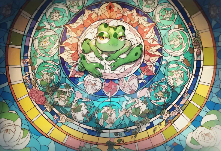 Frog, stained glass art ,  stained glass style , Frogをテーマにした,  glowing stained glass backdrop, green stained glass 　Frog,