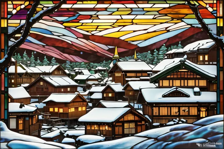 a stained glass window with a view of a snowy town, inspired by Kaii Higashiyama, inspired by Tōshi Yoshida, inspired by Miyagawa Isshō, inspired by Yoshida Hanbei, stained glass art, inspired by Kawase Hasui, 3 0, inspired by Tsuji Kakō, japanese village,...