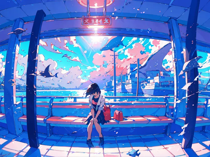  Illustration influenced by Makoto Shinkai，Anime about a girl sitting on a bench at a station with a view of the sea and looking at the ocean、ultra high definition 4k 