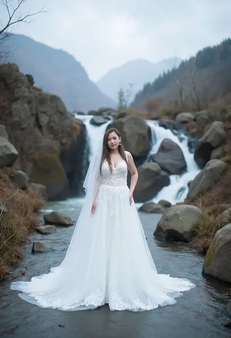 an image of a woman in wedding dress walking through some rocks in river flowing through country land below mountains by herself, 1. The subject of this image is a woman wearing a white dress, with the waterfall coming on her lape back and rocks behind, st...