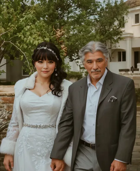 woman in a wedding dress with a fur coat ,  she has dark curled hair with bangs ,   with a gray-haired man with wavy hair ,  extreme detail ,  highest quality,  masterpiece fails,  detailed hair  