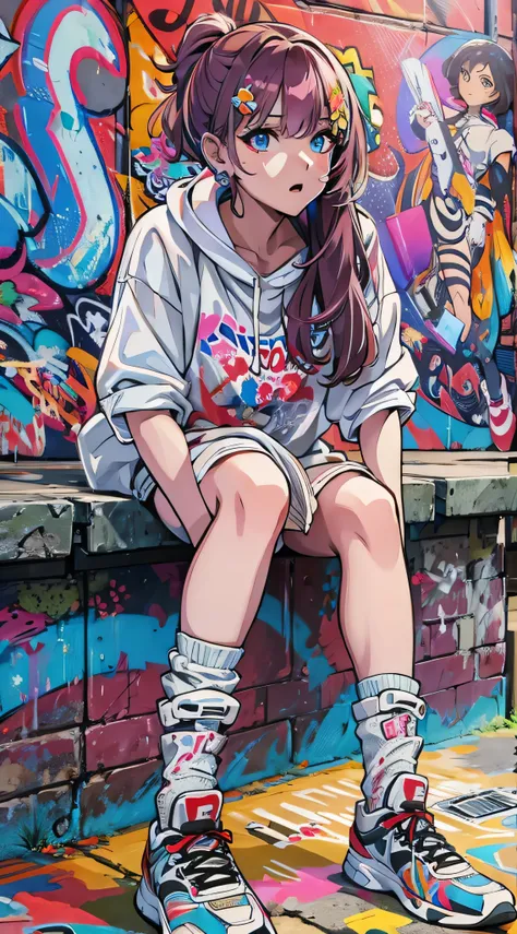 ( top quality), masterpiece,  EXTREMELY DETAILED CG UNIFORM 8K ILLUSTRATION , High collar, extremely High collar saturation,  All colors have deepened , paint,  graffiti art, CENTER COMPOSITION , Extremely detailed lighting, Graffiti wall, wall painted bri...