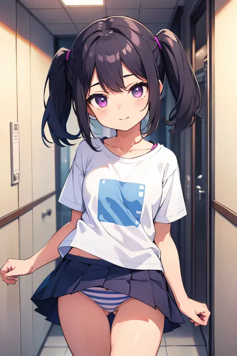  Elementary School   Flat Chest Black Hair Short Twin Tails Purple Eyes 　smile（（One person））upper body blue horizontal stripe pattern short sleeve t-shirt lower body light blue pleated skirt　 white panties white socks 　 sneakers（（ can see her panties ）） Ma...