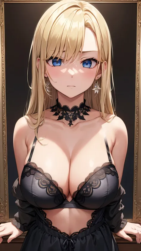 masterpiece ,  top quality、  top quality,(8k resolution),Beauty、(  looks like an adult), （  sexy perfect style ）、(  very big breasts )、( medium blond hair、Inner Roll)、( black lace underwear 、 black lace bra that is being framed)、 big cleavage、(( Bring your...