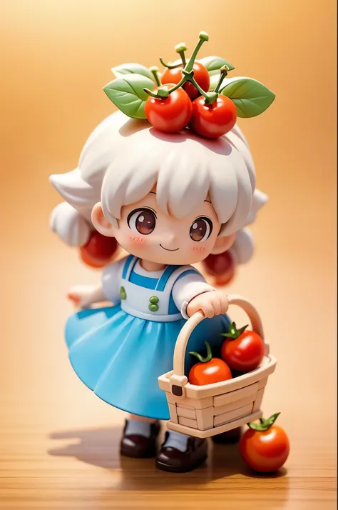 Photorealistic、Blind Box、Chibi Girl（Harvesting cherry tomatoes、A lot of cherry tomatoes in a basket、smile）