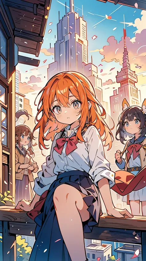 “Illustrate a peaceful yet tense moment where the six heroes gather on their school rooftop after class, discussing their next move against the Chaos Beasts. The scene is set during sunset, with the orange and pink hues of the sky reflecting on their faces...