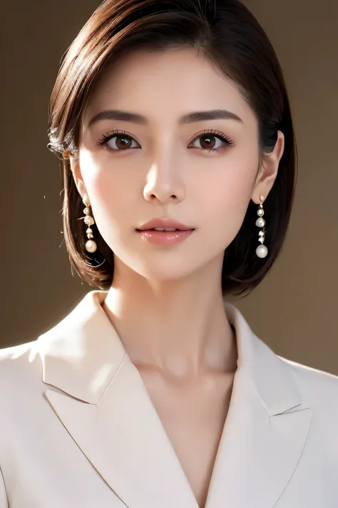  Close-up portrait of an elegant Japanese female CEO in her early 30s ,  focus on the upper part of the face and shoulders .  Delicate, small facial features with a clear V-line jawline , High nose bridge,  and bright almond-shaped eyes .  Natural makeup t...